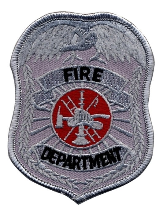 FIRE DEPARTMENT BADGE PATCH, SILVER, 2-1/2X3-1/2"